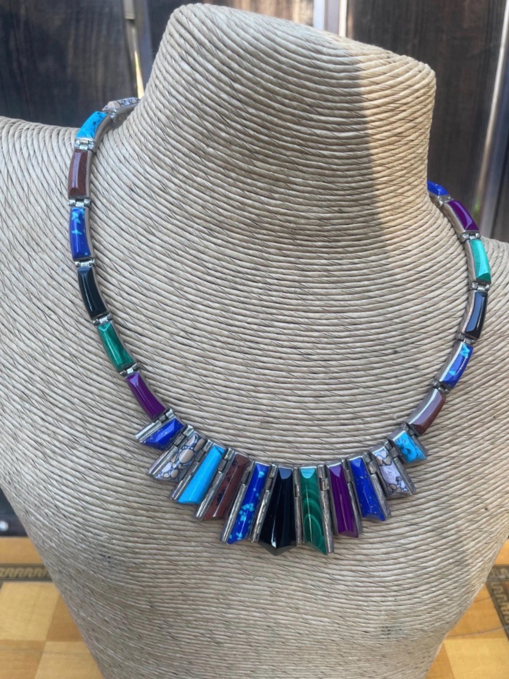Vintage Mexico Taxco 950 Fine Silver Inlaid Stone Statement Necklace Set - Picture 2 of 11